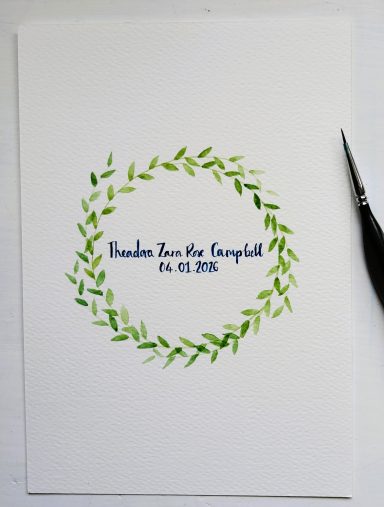 Hand Painted Personalised Watercolour Baby Name A5 Print for Nursery, Leaf Wreath Hand Painted Personalised Watercolour Baby Name A5 Print for Nursery, Leaf Wreath