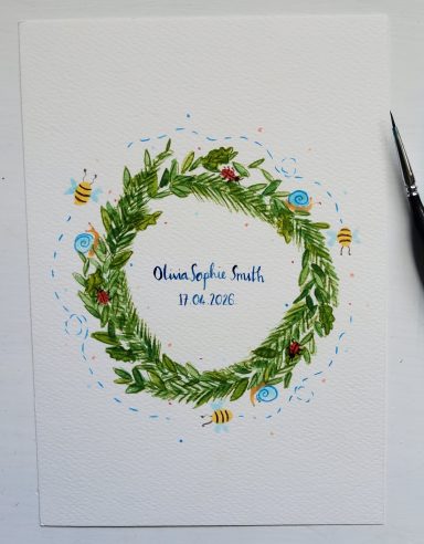 Personalised Watercolour Baby Name Print, Foliage Bee Snail Wreath, Nursery Art (A5) Personalised Watercolour Baby Name Print, Foliage Bee Snail Wreath, Nursery Art (A5)