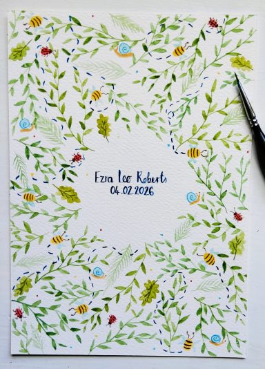 Personalised Watercolour Baby Name Print, Bees, Ladybirds, Snails, Foliage (A5) Personalised Watercolour Baby Name Print, Bees, Ladybirds, Snails, Foliage (A5)