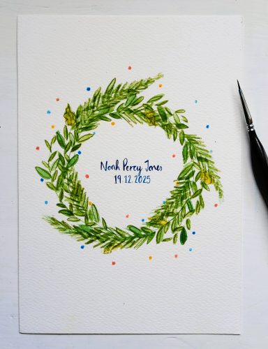 Personalised Watercolour Baby Name Print, Leaf Wreath Nursery Art (A5) Personalised Watercolour Baby Name Print, Leaf Wreath Nursery Art (A5)